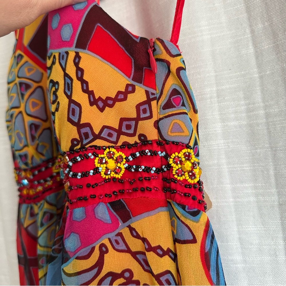 Sue Wong vintage VTG 100% silk flowy halter top Y2K beaded dress bright colors - Picture 9 of 15